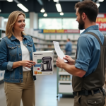 Femme montrant un appareil de cuisine au comptoir