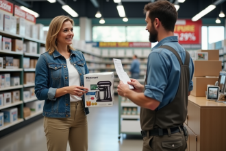 Femme montrant un appareil de cuisine au comptoir