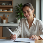 Femme souriante tenant un dossier dans un appartement moderne