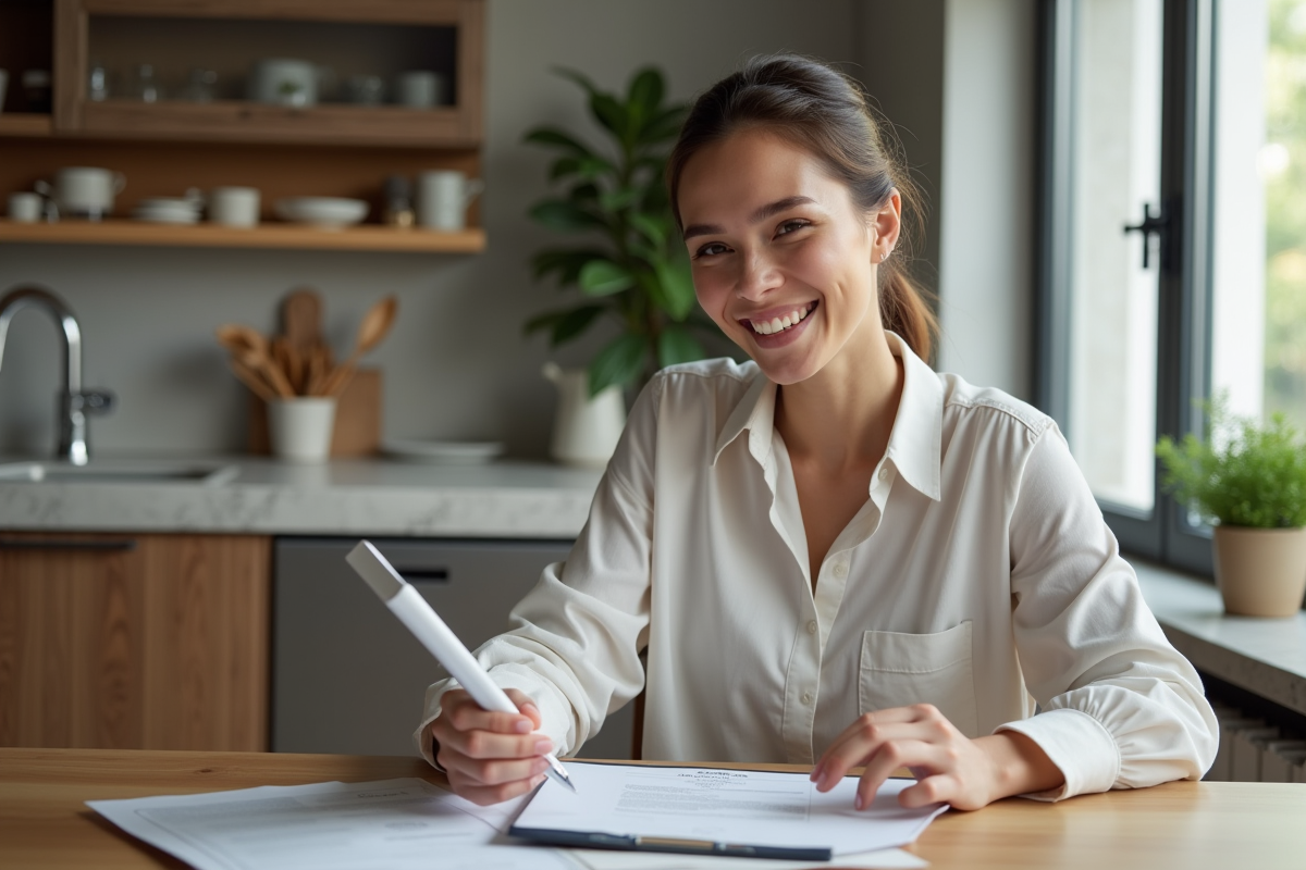 Femme souriante tenant un dossier dans un appartement moderne