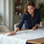 Femme élégante en blouse navy avec linge de table blanc