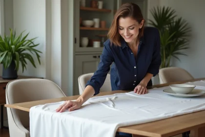 Femme élégante en blouse navy avec linge de table blanc