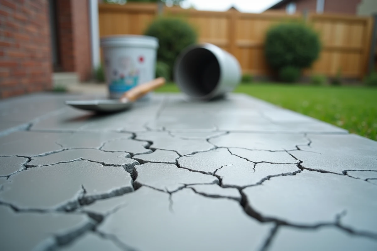 Fissures visibles sur une dalle de béton mal dosée dans un jardin résidentiel