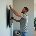 Homme fixant un support mural pour TV sur une cloison en placo dans un salon moderne