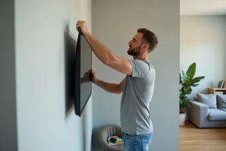 Homme fixant un support mural pour TV sur une cloison en placo dans un salon moderne