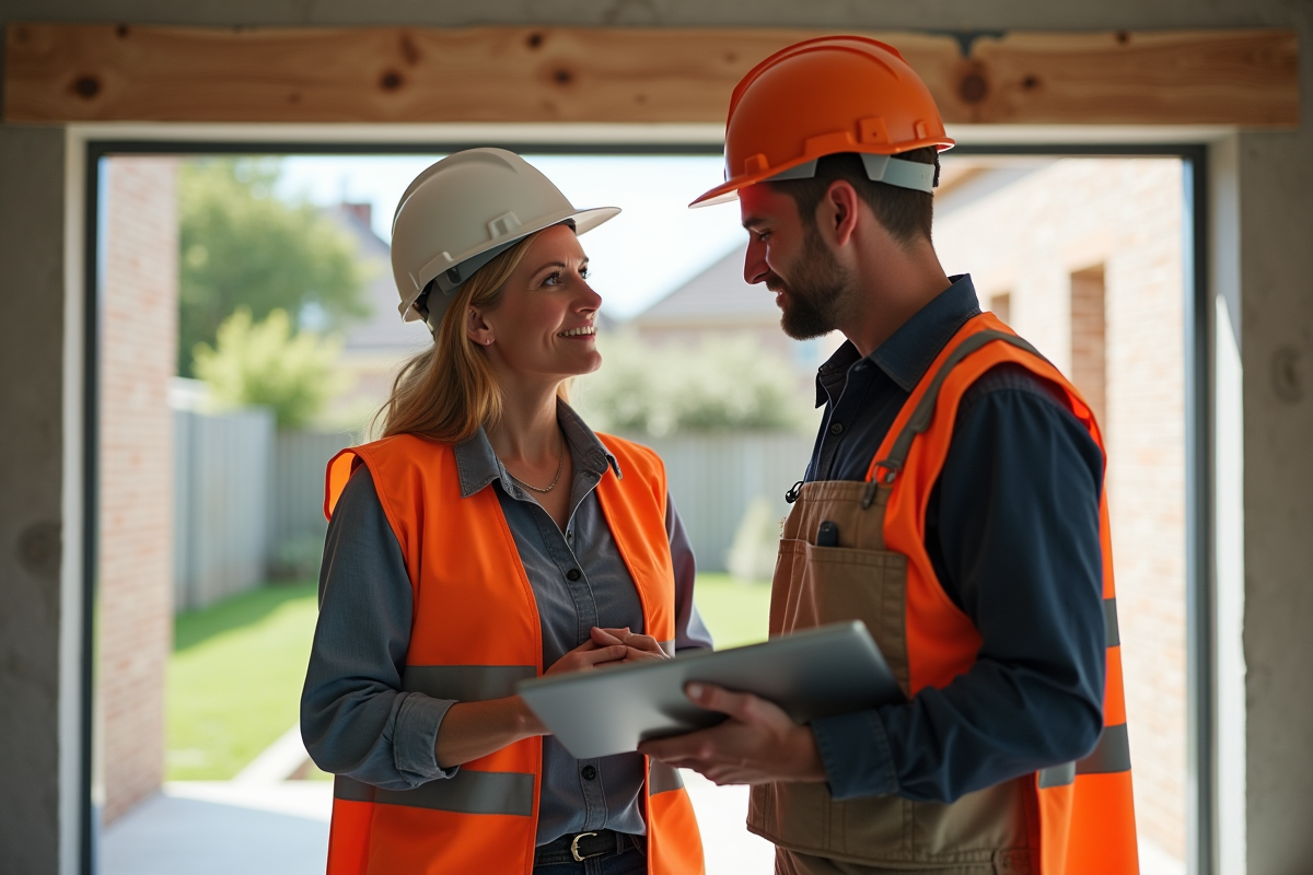 Femme gestionnaire de chantier discutant avec ouvrier intérieur