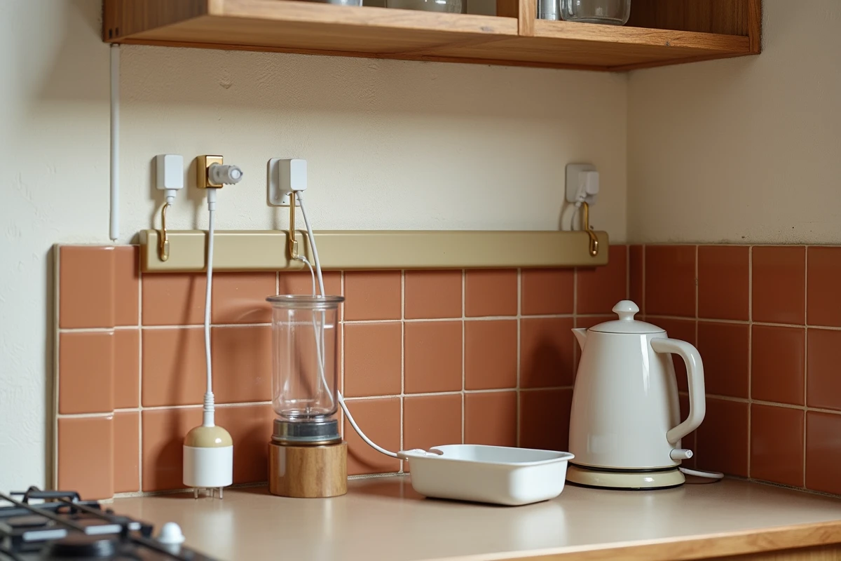 Vue d'ensemble d'une petite cuisine parisienne avec des goulottes en plastique beige fixées au mur pour organiser et cacher les câbles des appareils électroménagers
