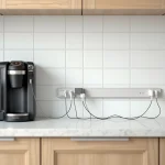 Goulotte en plastique blanche installée le long du carrelage d'une cuisine moderne pour cacher les câbles d'électroménager autour du plan de travail