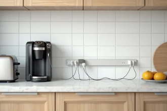 Goulotte en plastique blanche installée le long du carrelage d'une cuisine moderne pour cacher les câbles d'électroménager autour du plan de travail