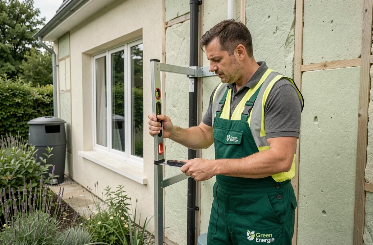 Technicien Green Energie France installant une pompe à chaleur sur une maison écologique française