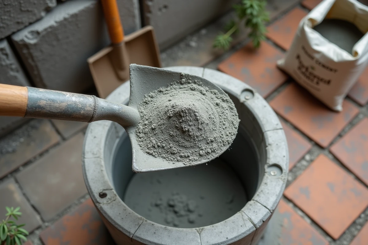 Gros plan d'une pelle chargée de mortier sec pour dosage précis du béton