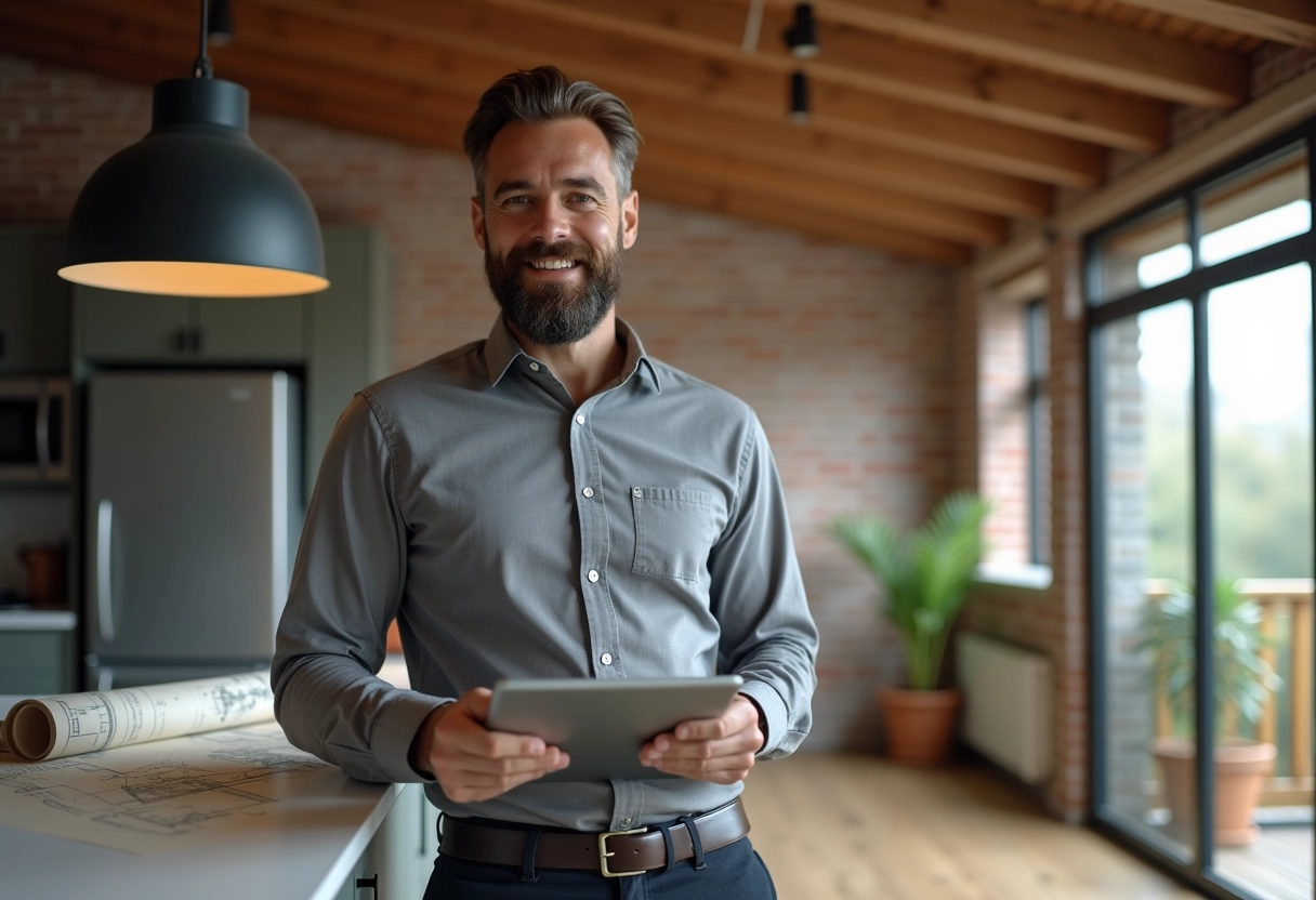 Homme avec tablette montrant un plan 3D de maison