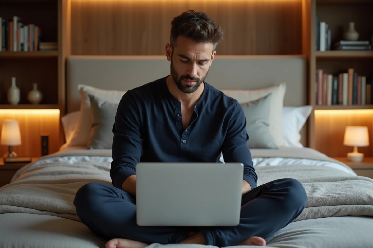 Homme consultant une application domotique sur ordinateur portable dans une chambre à coucher au décor soigné