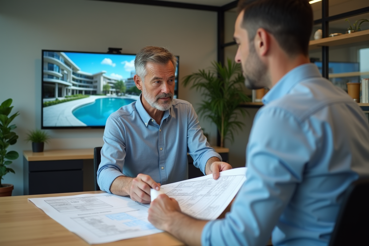 Homme en bureau examinant plans pour piscine naturelle