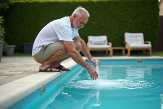 Homme d'âge moyen versant bicarbonate dans la piscine extérieure