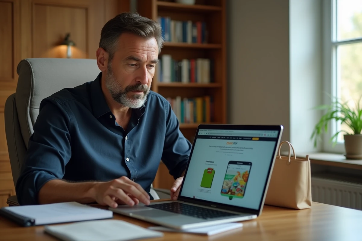 Homme planifiant ses commandes groupées sur le site de livraison Carrefour depuis son bureau à domicile