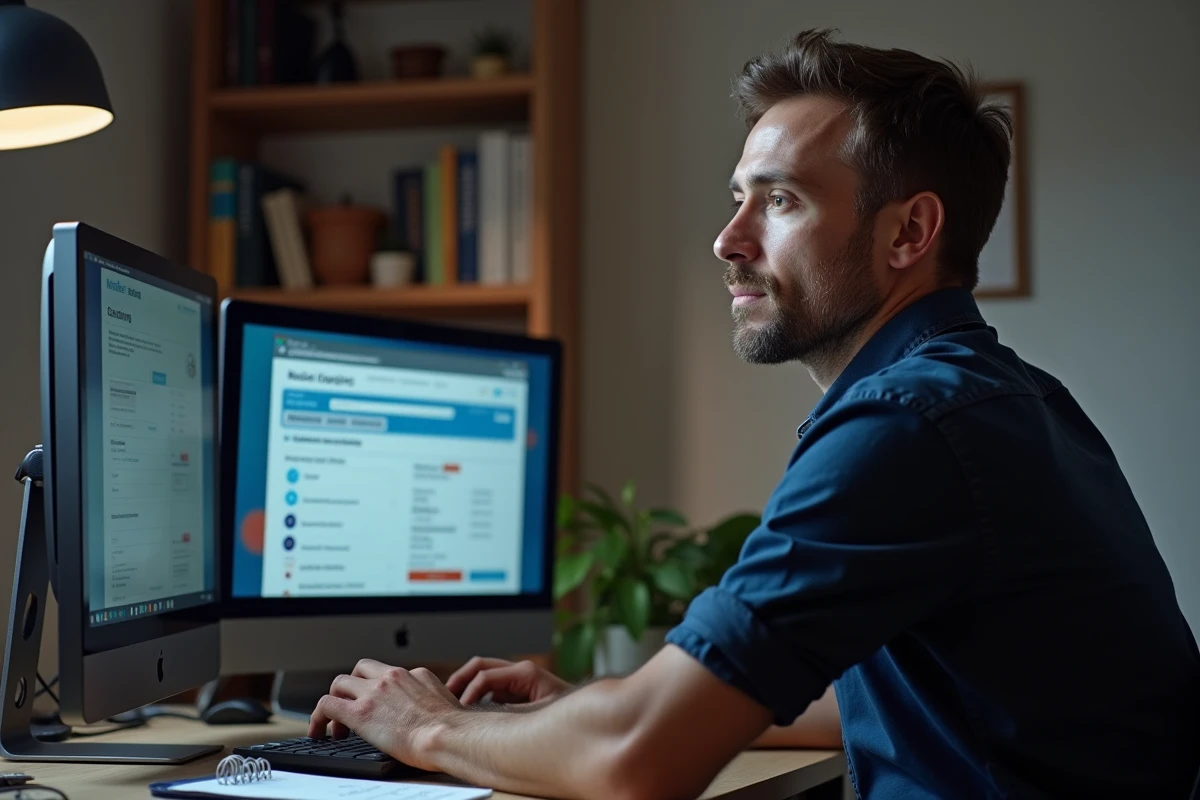 Homme comparant les prix d'assurance maison sur un site de comparaison en ligne depuis son bureau à domicile