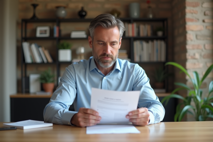 Homme d'affaires lisant un contrat de location à Paris