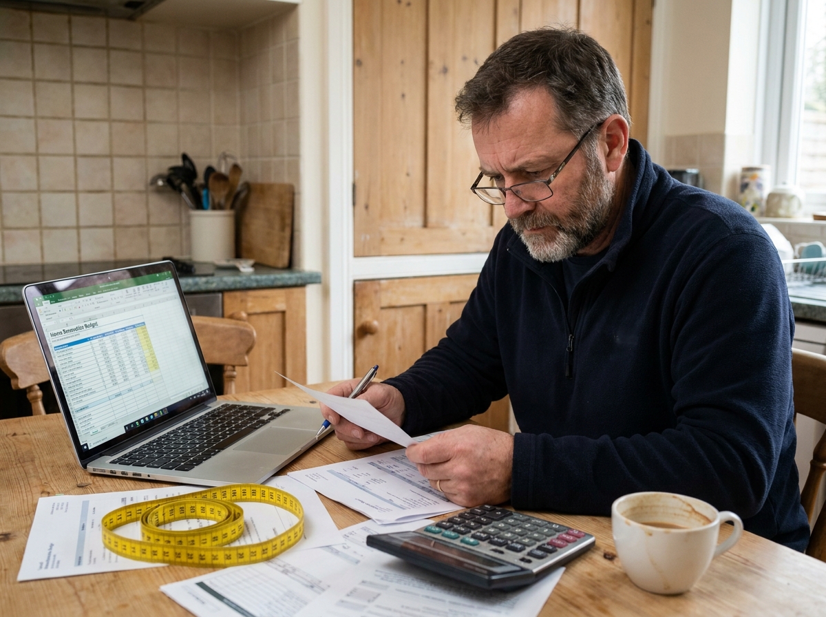 Homme comparant des devis de remplacement de fenêtres sur une table avec calculatrice et ordinateur portable