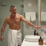 Homme sortant de douche dans un hôtel moderne