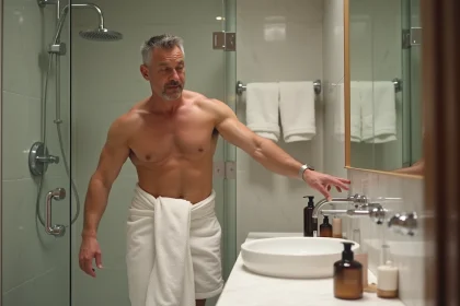 Homme sortant de douche dans un hôtel moderne