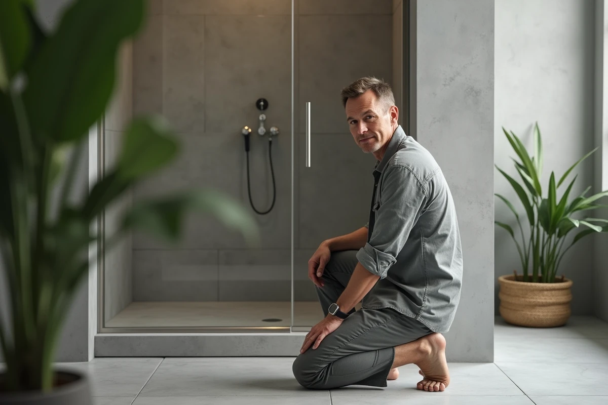 Homme dans une grande douche italienne rénovée