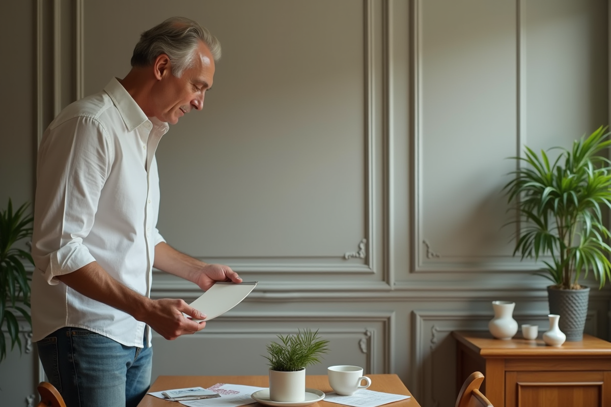 Homme examinant un échantillon de peinture dans une salle à manger