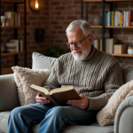 Homme d'âge moyen lisant dans un salon chaleureux