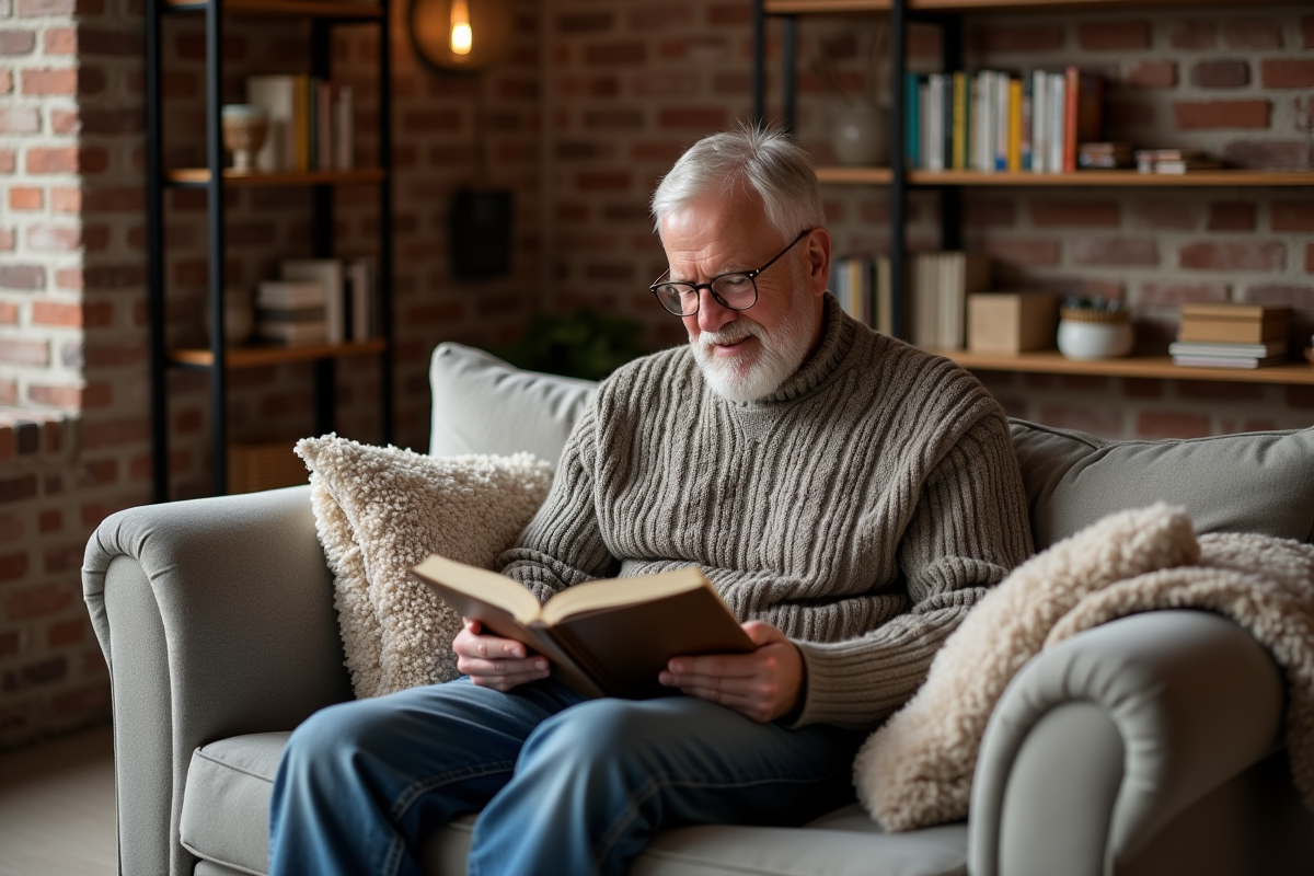 Homme d'âge moyen lisant dans un salon chaleureux