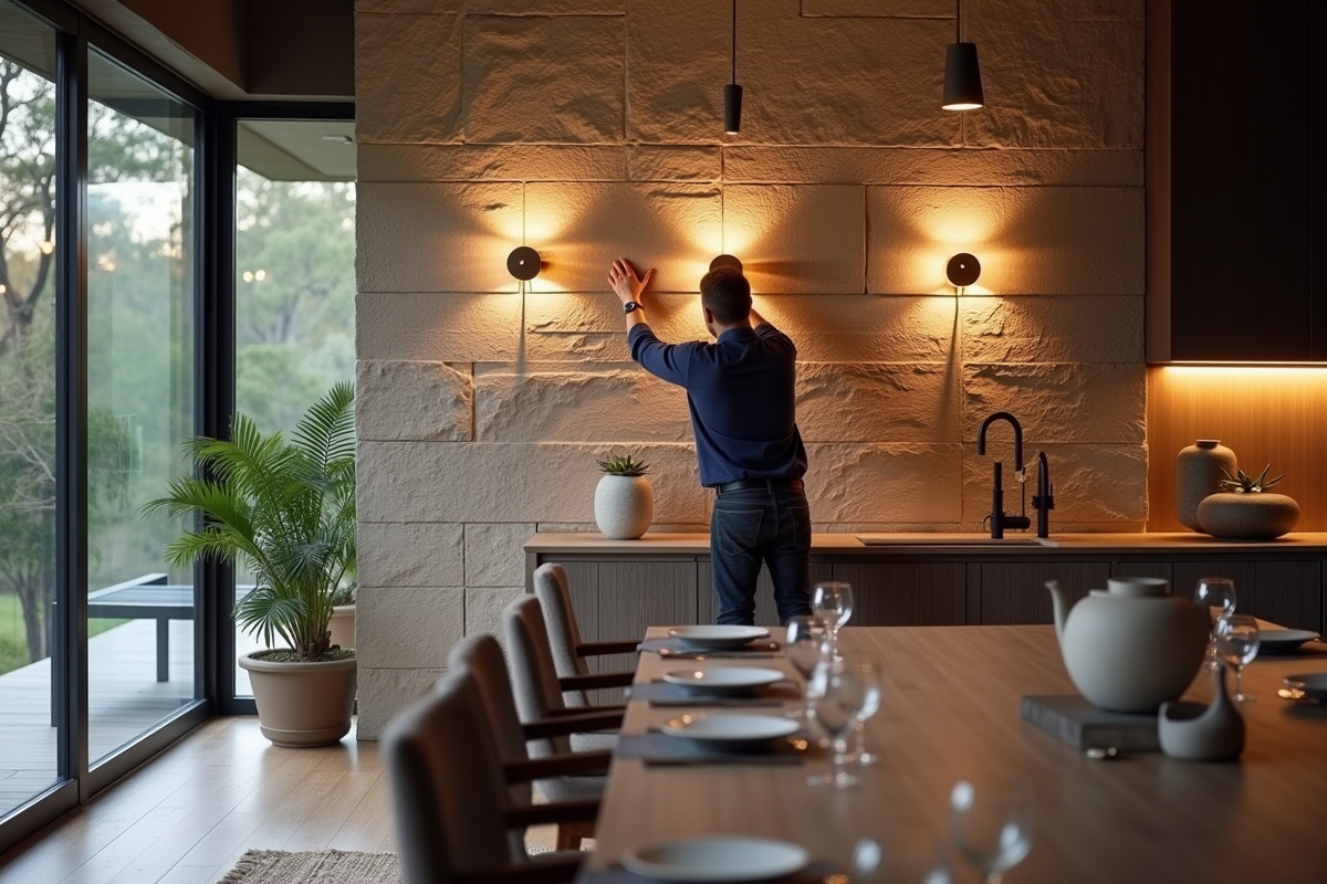 Homme arrangeant des luminaires muraux dans une salle à manger moderne