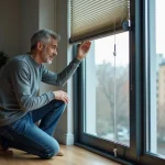 Homme examinant un volet roulant bloqué dans un appartement moderne