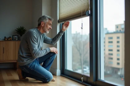 Homme examinant un volet roulant bloqué dans un appartement moderne