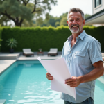 Homme avec plans de construction près d'une piscine moderne