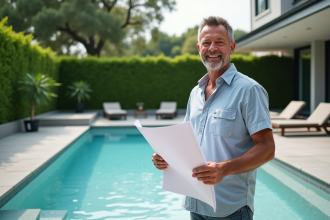 Homme avec plans de construction près d'une piscine moderne