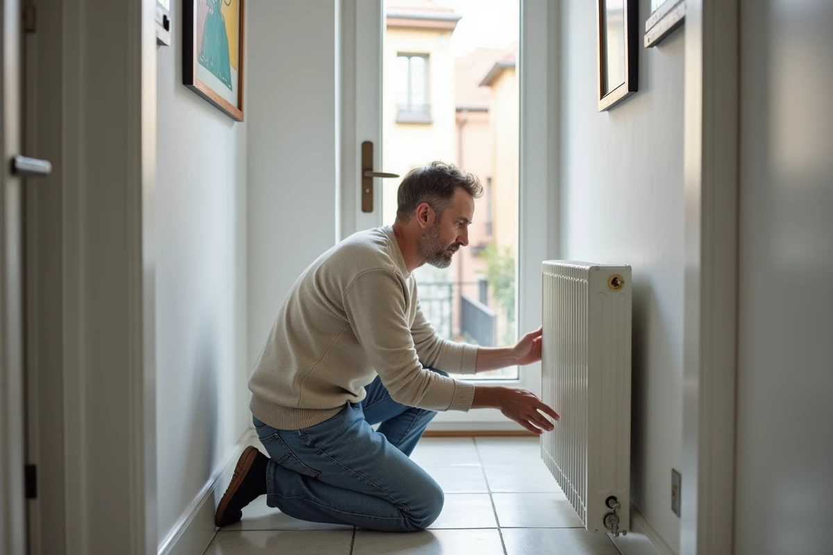 Homme inspectant un radiateur électrique dans un couloir lumineux d