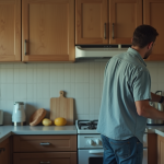 Homme ouvrant un vieux frigo dans une cuisine moderne