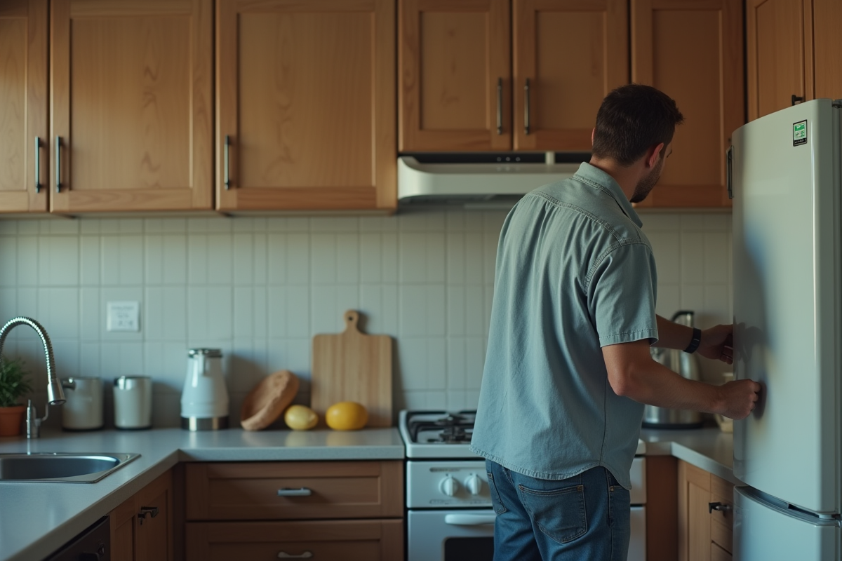Homme ouvrant un vieux frigo dans une cuisine moderne