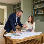 Homme d'âge moyen en tenue smartcasual examine des plans de rénovation dans un salon moderne