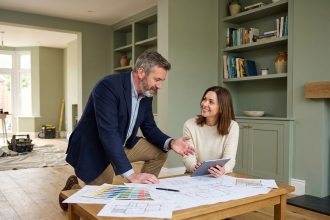 Homme d'âge moyen en tenue smartcasual examine des plans de rénovation dans un salon moderne