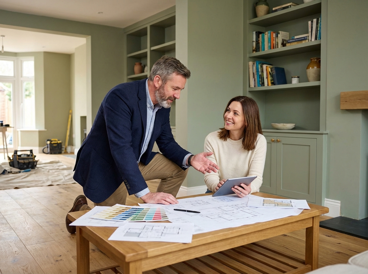 Homme d'âge moyen en tenue smartcasual examine des plans de rénovation dans un salon moderne