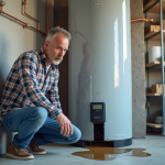 Homme d'âge moyen examine une fuite sur un chauffe-eau moderne