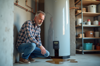 Homme d'âge moyen examine une fuite sur un chauffe-eau moderne