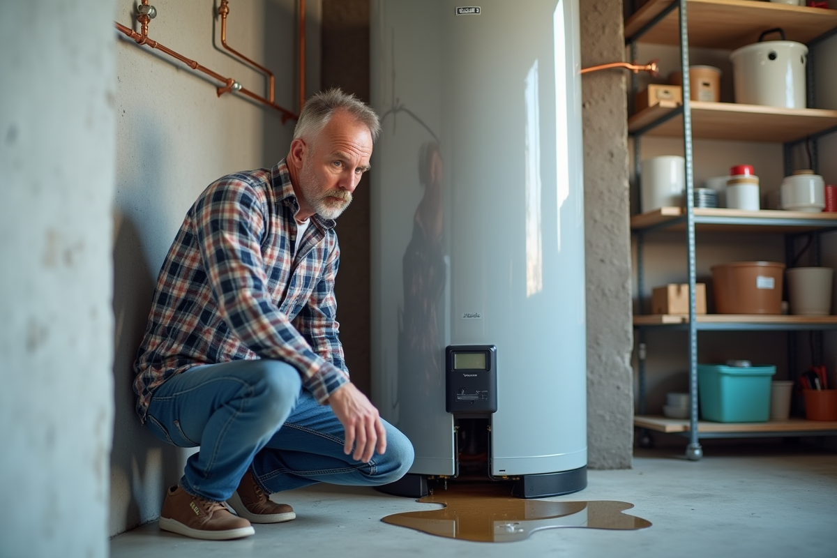 Homme d'âge moyen examine une fuite sur un chauffe-eau moderne