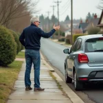 Homme d'âge moyen gesticulant devant une voiture mal garée
