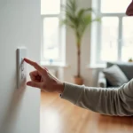 Homme d'âge moyen utilisant un interrupteur moderne dans un salon élégant