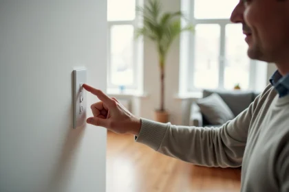 Homme d'âge moyen utilisant un interrupteur moderne dans un salon élégant