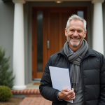 Homme d'âge moyen souriant devant une maison moderne