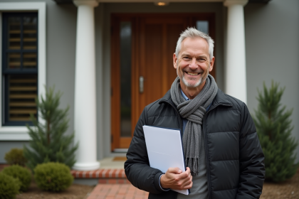 Homme d'âge moyen souriant devant une maison moderne