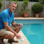 Homme d'âge moyen testant une piscine trouble extérieure
