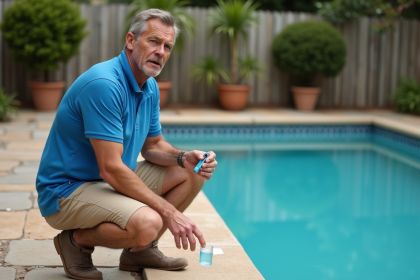Homme d'âge moyen testant une piscine trouble extérieure
